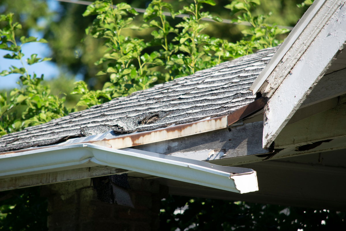 Damaged roof and gutter systems on a residential home